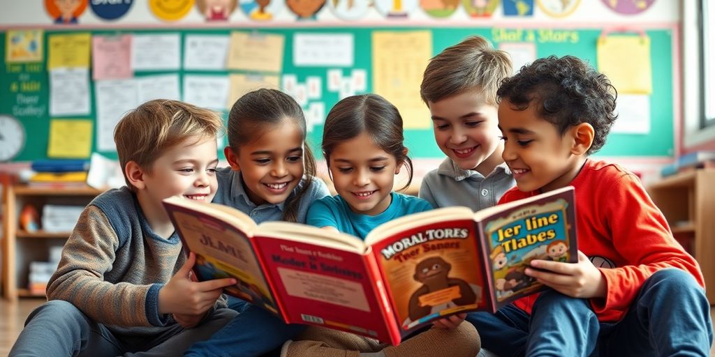 Children reading moral stories in a classroom setting.