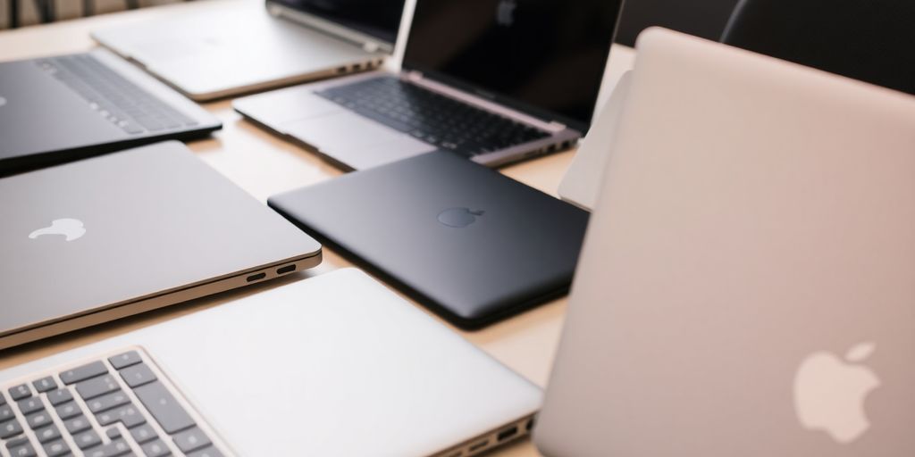 مجموعة من أجهزة الكمبيوتر المحمول المتنوعة على طاولة.