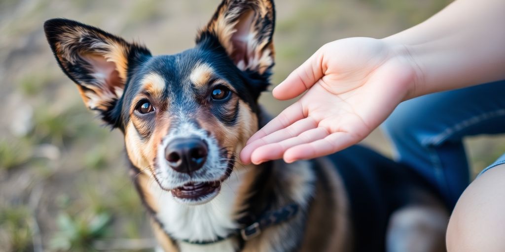Dog and person interacting in a calm outdoor setting.