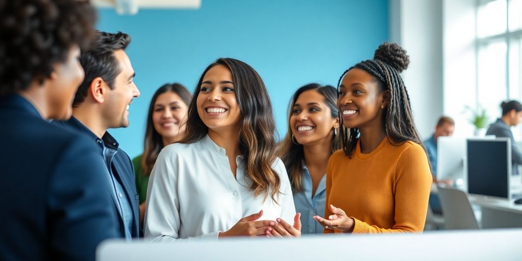 Mitarbeiter lachen und interagieren in einem hellen Büro mit blauen Akzenten.