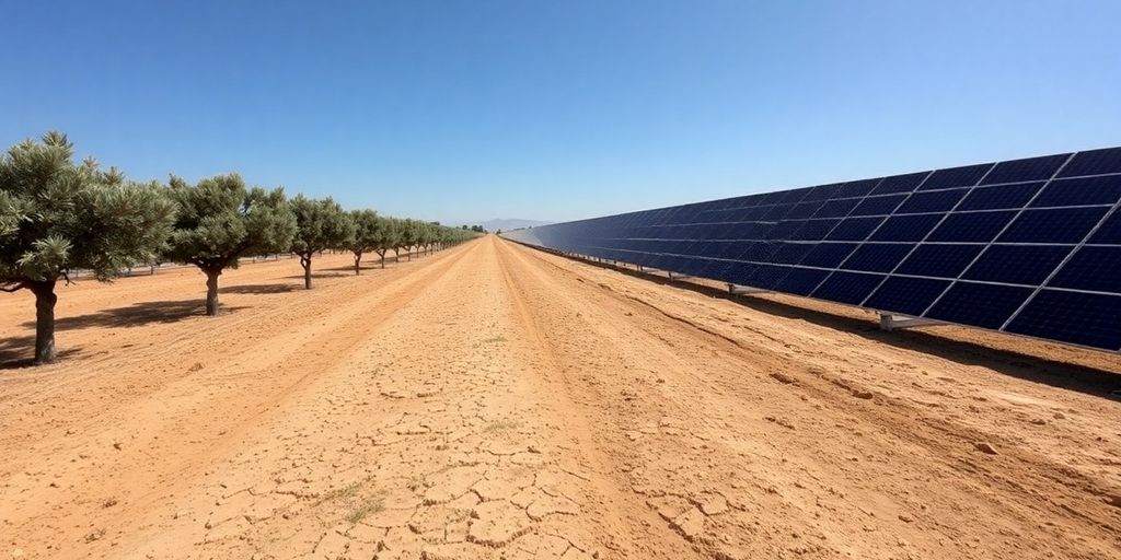 Panneaux solaires près d'oliviers, eau aride