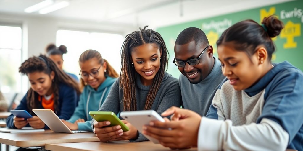 Students collaborating with technology in a modern classroom.