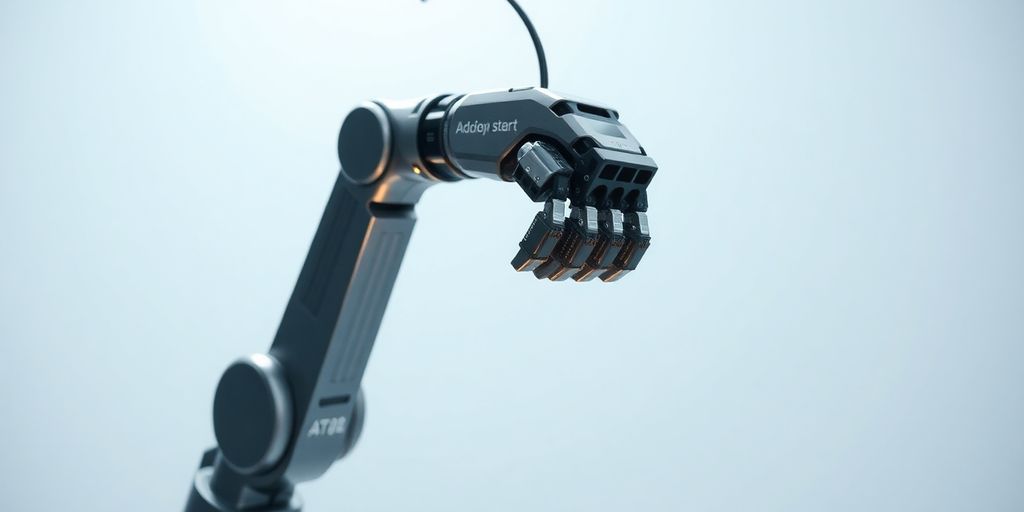 Advanced robotic arm in a futuristic setting.