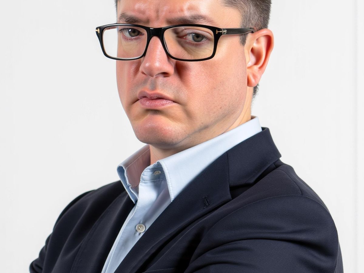 A serious individual wearing glasses and a suit, posing confidently.