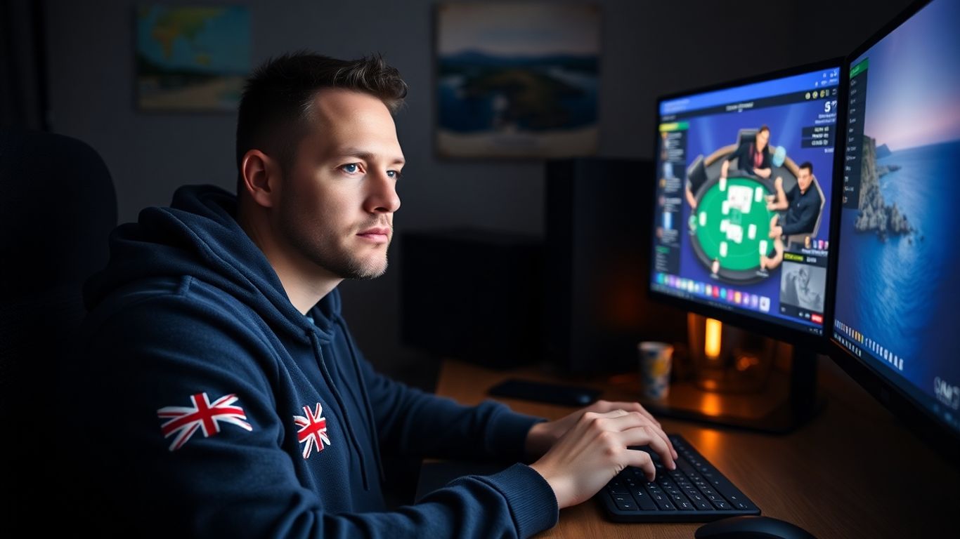 Aussie player multi-tabling online poker on dual screens at night.
