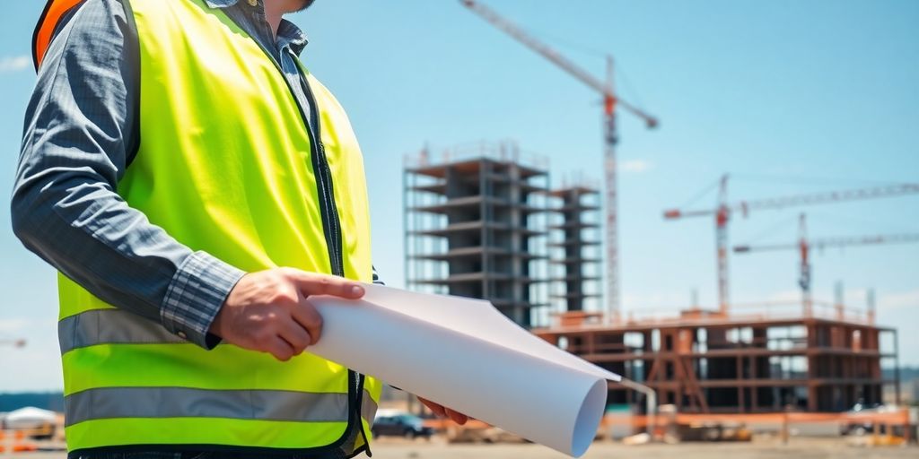 Construction manager reviewing blueprints on a job site.