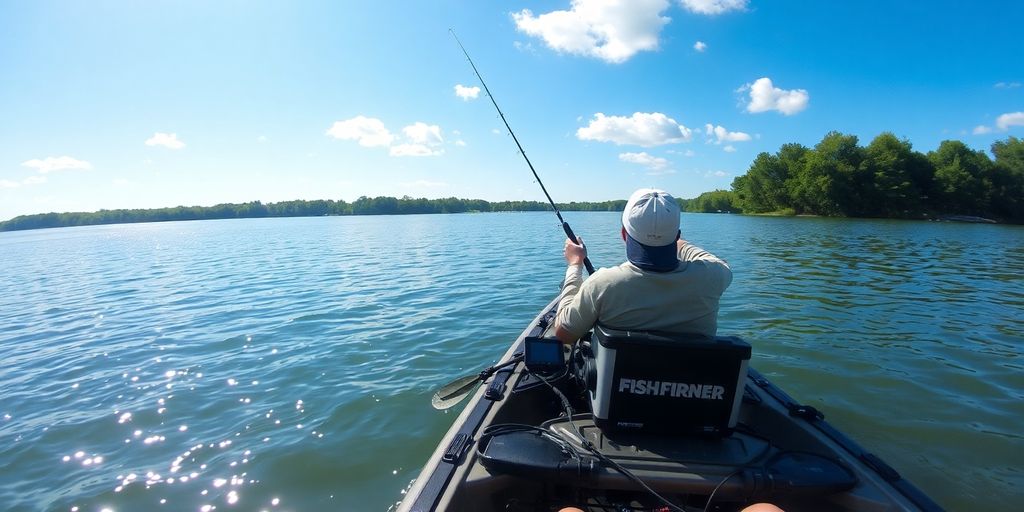 Angler in kayak, fishing rod, calm water.