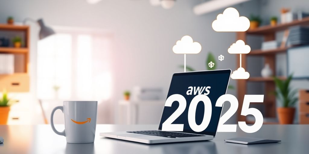 Startup workspace with laptop and cloud icons.