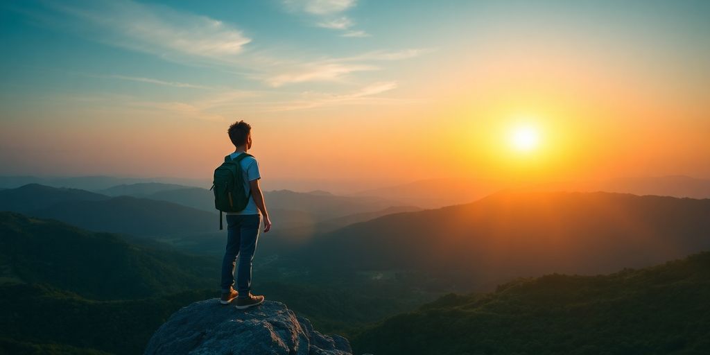 Student on mountain peak looking at sunrise horizon.