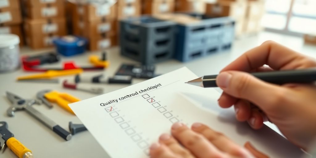 Close-up of a hand checking a quality control list.