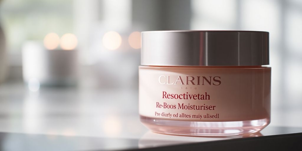 Clarins Re-Boost Moisturiser jar with soft lighting and blurred background.