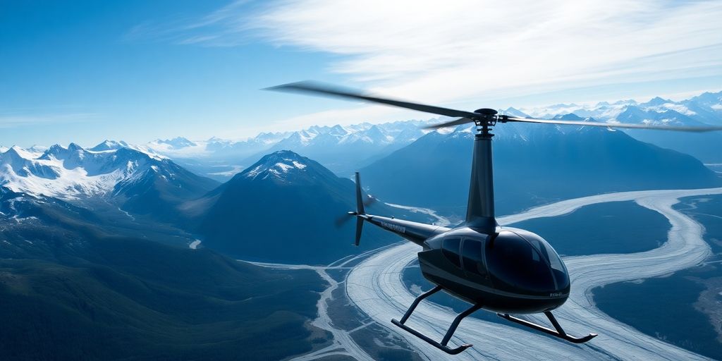 A Maverick helicopter flying above vast Alaskan mountains and glaciers.