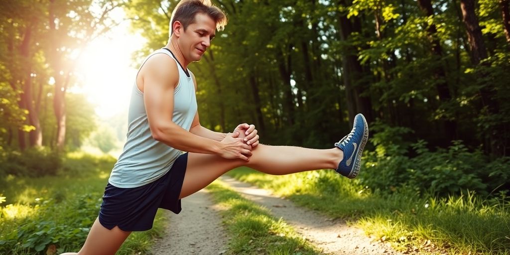 Runner stretching leg on a trail with knee focus.