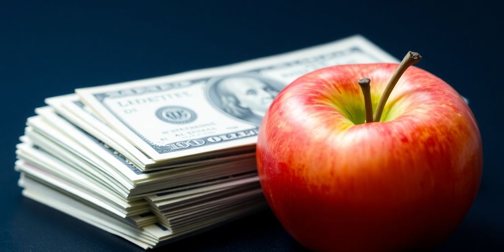 Stack of dollar bills with a single apple.