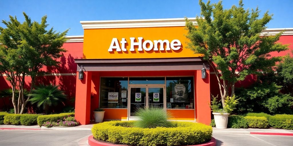 At Home store exterior with attractive landscaping.