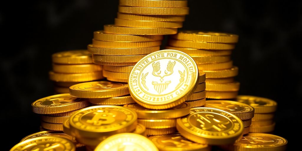 Pile de pièces d'or brillantes sur fond sombre.