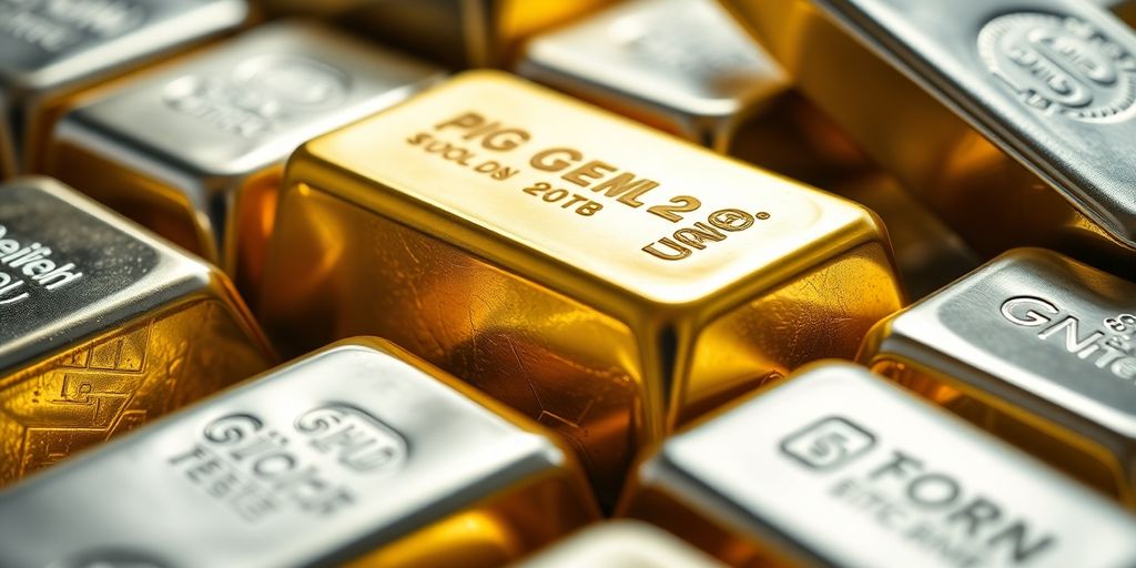 Lingots d'or et d'argent posés sur une surface réfléchissante.