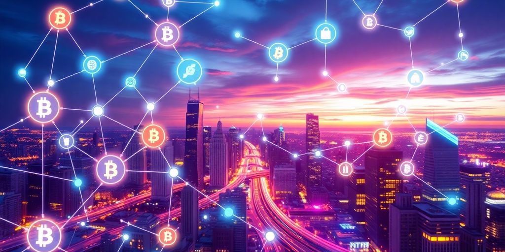 Futuristic blockchain network with cryptocurrency symbols.