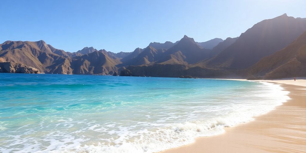 Secluded beach cove, clear blue water, lush green mountains.