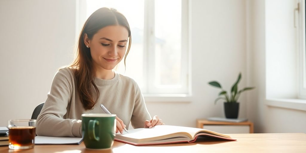 Person focused and energetic, working calmly in morning light.