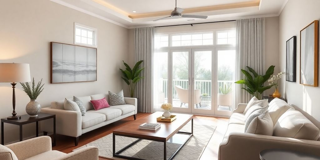 Renovated living room with modern decor and furniture.