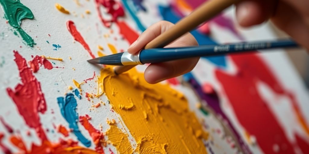 Artist painting with vibrant colors on canvas.