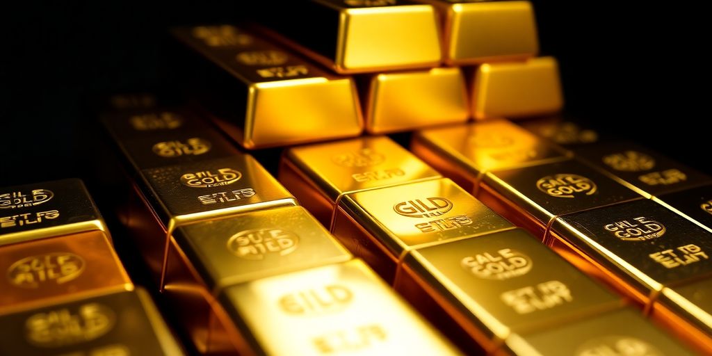 Des lingots d'or empilés sur un fond sombre.