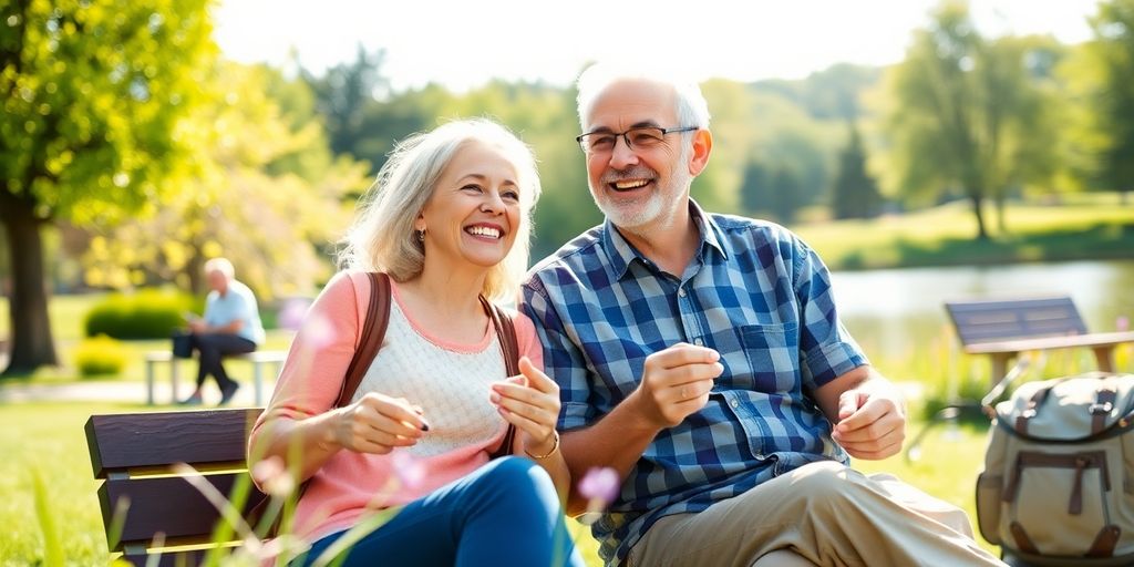 Casal feliz planejando a aposentadoria no parque.