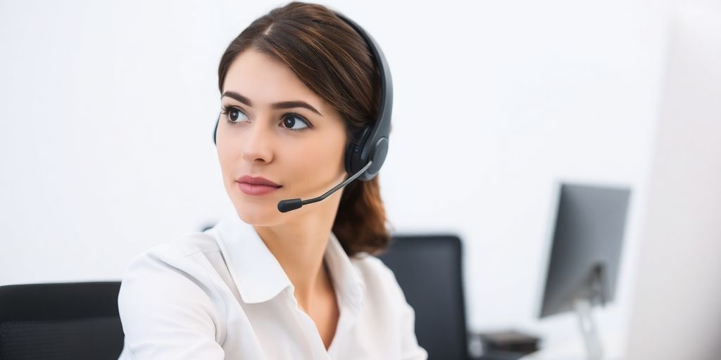 Woman speaking, headset, thoughtful pause, blurred background.