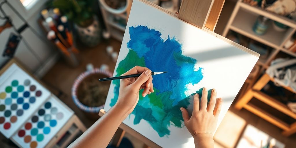 Person painting calmly, vibrant colors, gentle light.