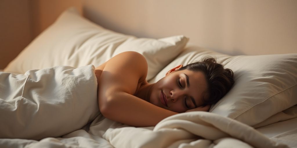 Person sleeping peacefully in a dimly lit, serene bedroom.