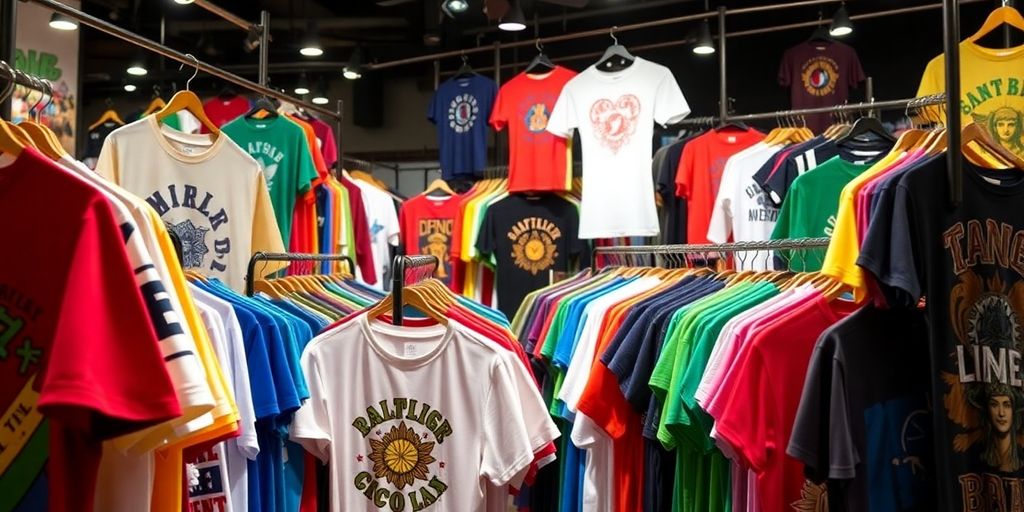 Colorful T-shirts hanging in a trendy boutique display.