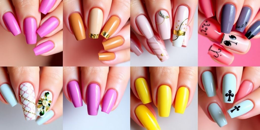 Designs clássicos de unhas decoradas em várias cores.
