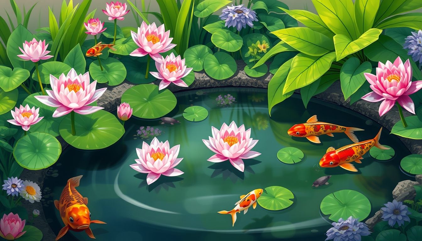 Serene water garden with lilies and koi fish