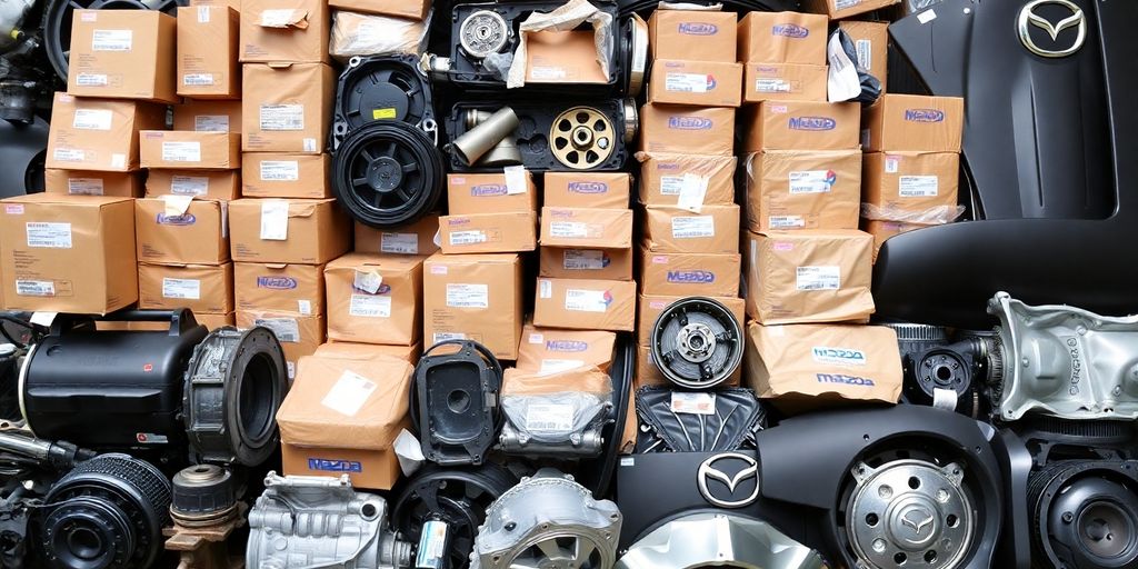 Mazda gearbox, engine, and body parts arranged neatly.