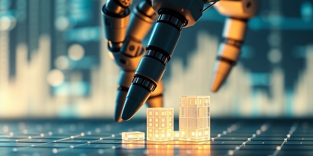 Robot arm precisely placing financial building blocks.