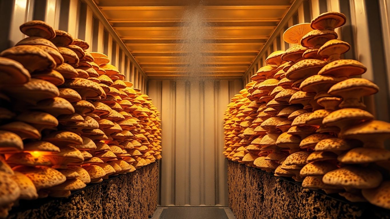 Vibrant mushrooms flourishing inside a shipping container farm.