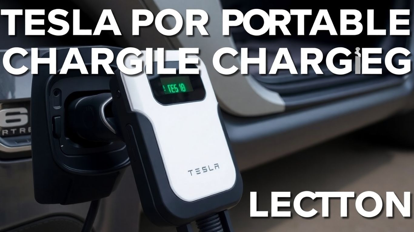 Tesla portable charger Lectron charging an electric vehicle outdoors.