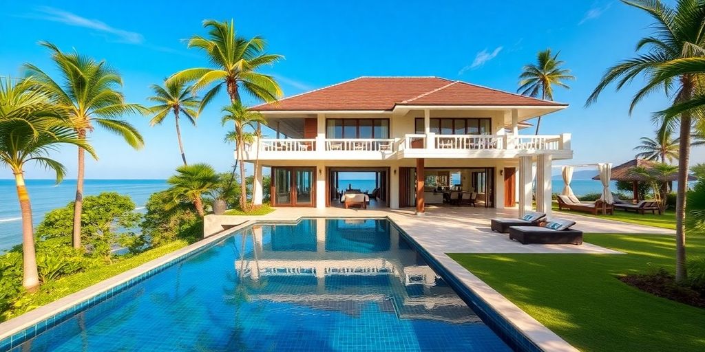 Luxury villa in Phuket with lush surroundings and pool.