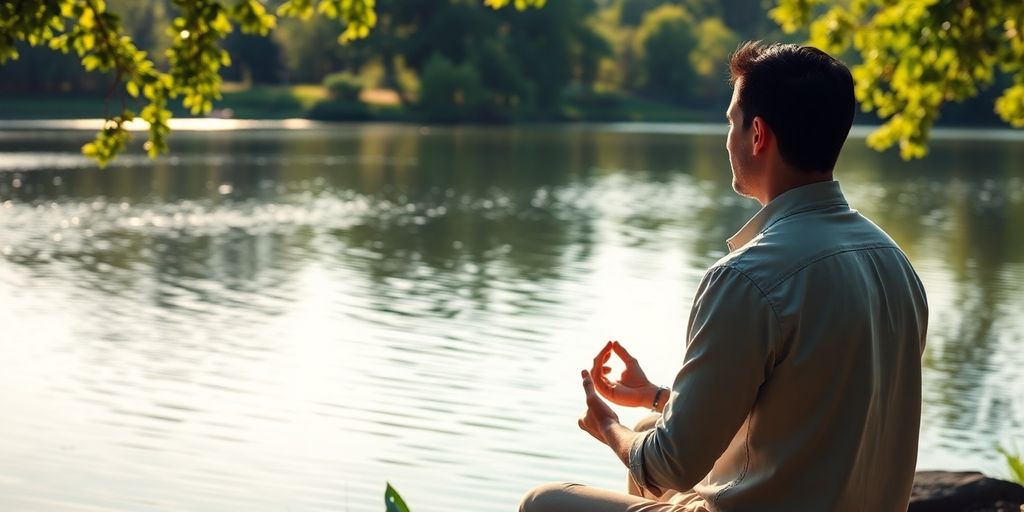 Trader meditating by a serene lake in nature.