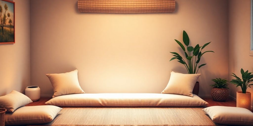 Cozy meditation space with cushions and calming plants.