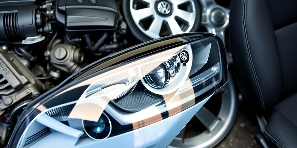 VW Golf parts, engine, headlights, wheels, and interior.