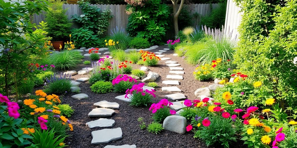 Lush garden side yard with colorful flowers and stones.