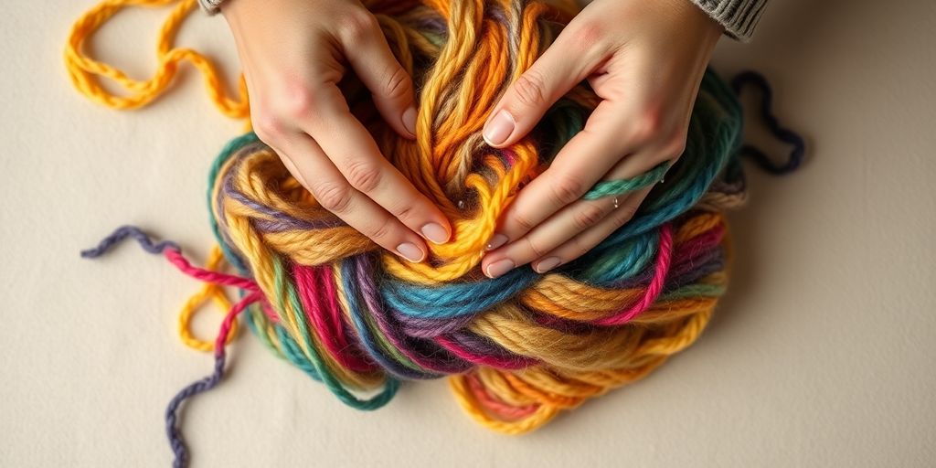 Hands blocking wet wool yarn project.