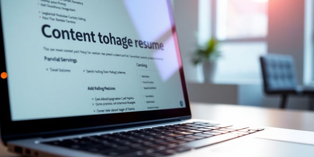 Laptop with illustrative content manager resume.