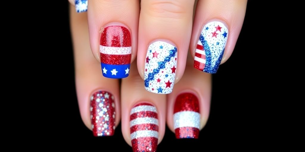 Nail art with red, white, and blue colors for July.
