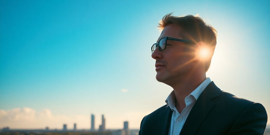 Investor looking at a futuristic financial landscape.