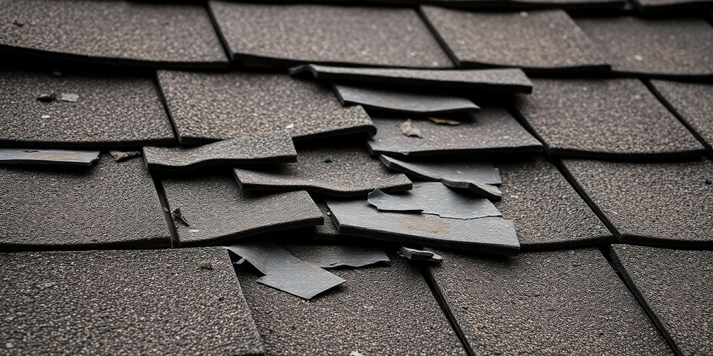 Close-up of a damaged roof with missing shingles.