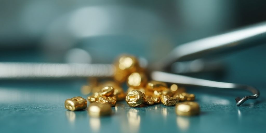 Outils dentaires et pièces d'or collectées.