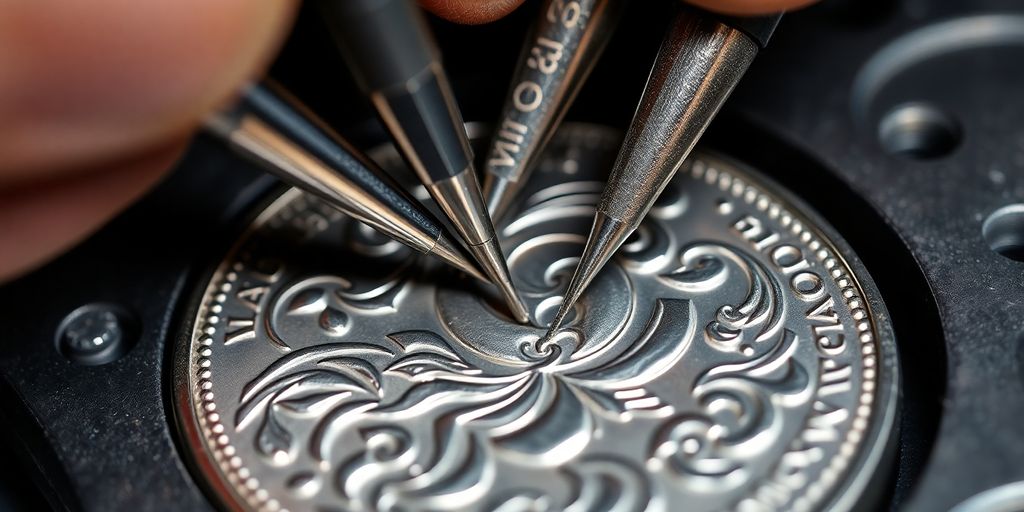Process of engraving silver coins.